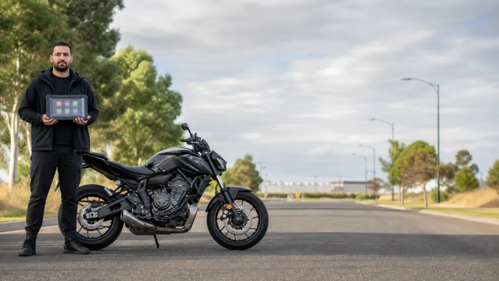Mobile motorcycle locksmith working on a Yamaha MT-07 at the roadside in Melbourne