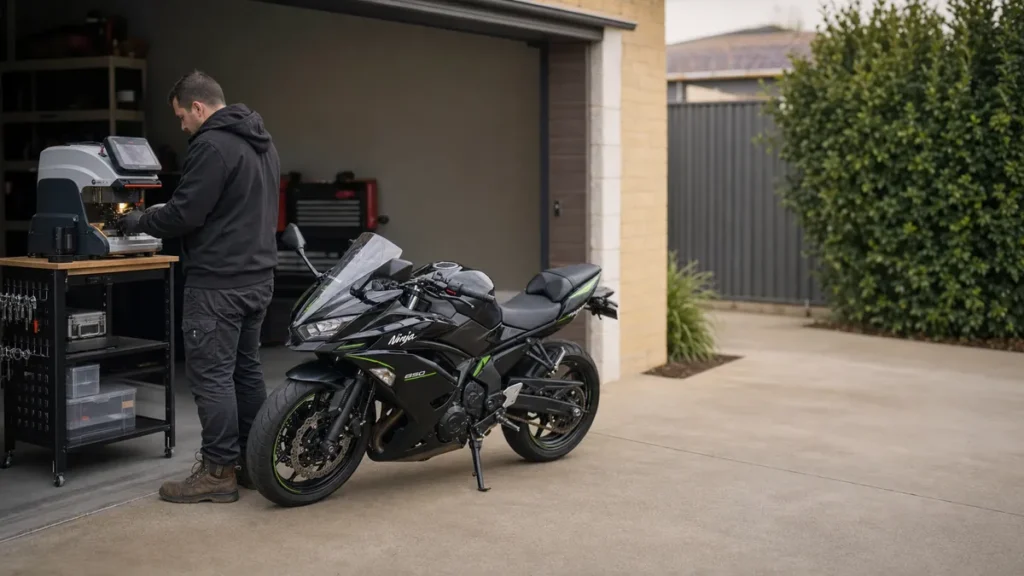 Spare motorcycle key cut on-site for a Kawasaki Ninja 650