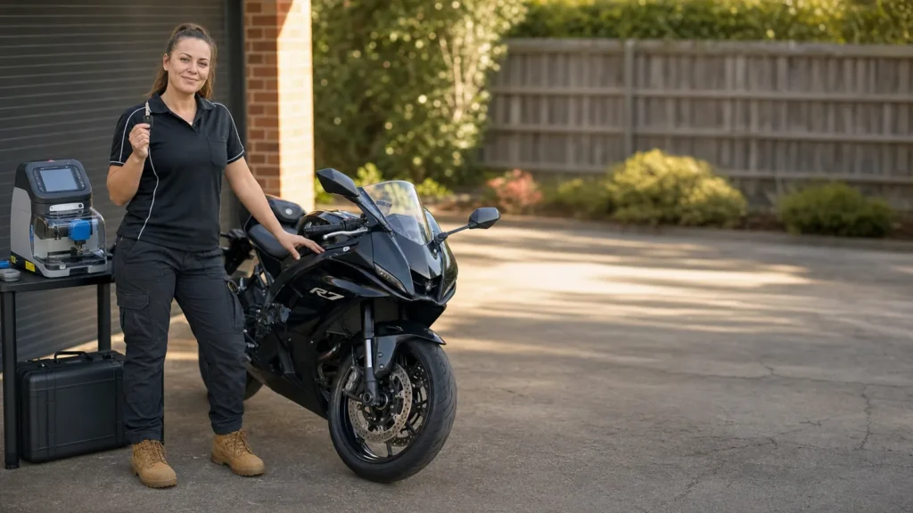 New replacement motorcycle key being fitted to a Yamaha YZF-R7 in Melbourne