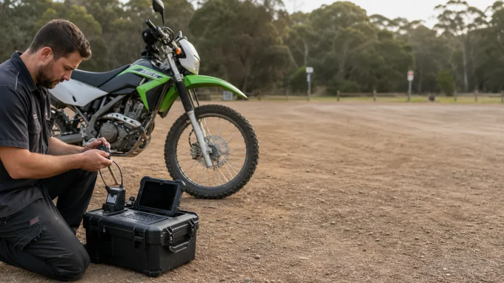Newly cut key being tested on a Kawasaki KLX 230