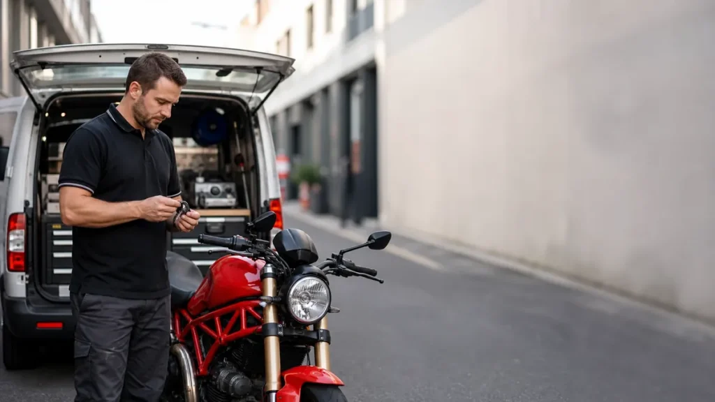 Mobile motorcycle locksmith cutting a key in Albert Park, Melbourne