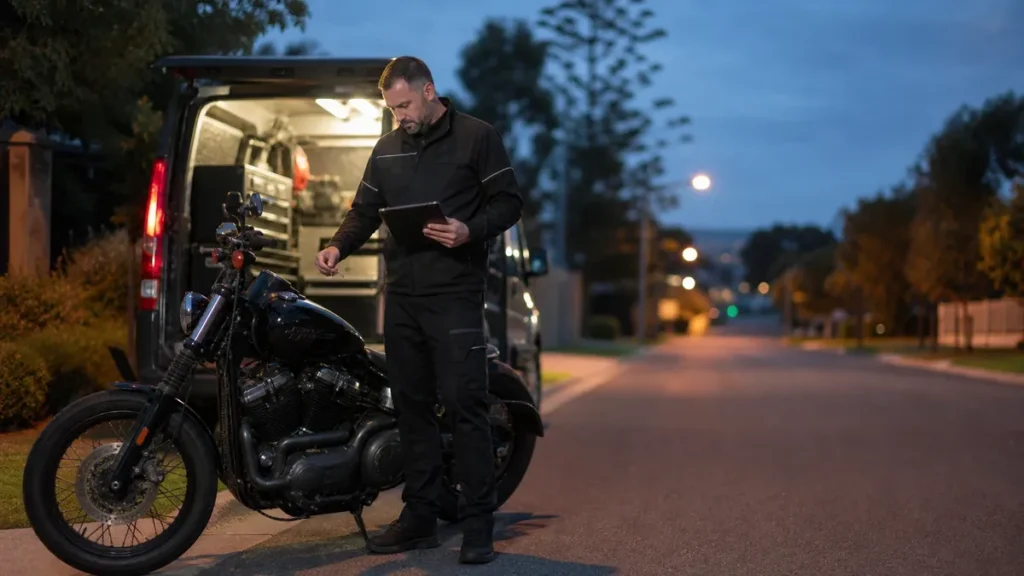 Mobile motorcycle locksmith attending a bike in St Kilda, Melbourne