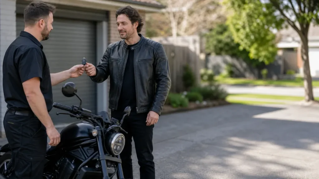 Ostan Locksmiths handing new motorcycle keys to a rider in Melbourne