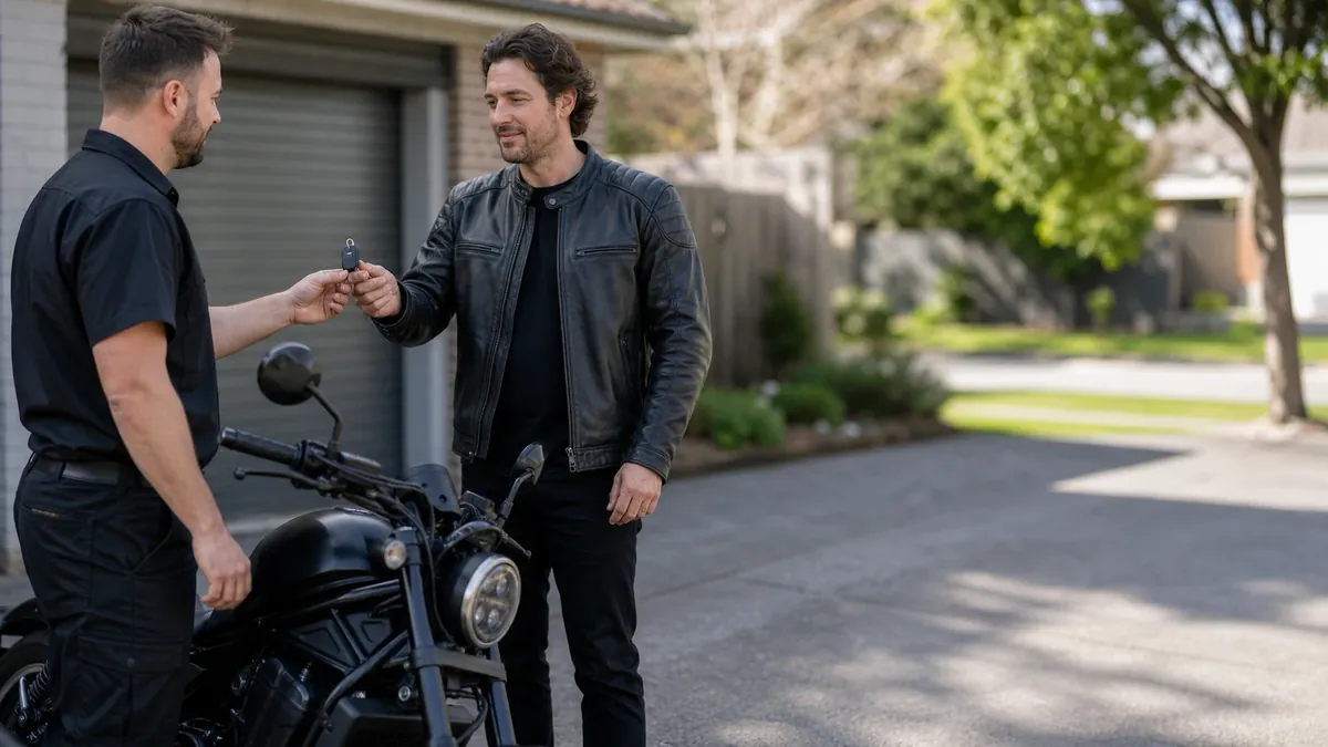 Ostan Locksmiths handing new motorcycle keys to a rider in Melbourne